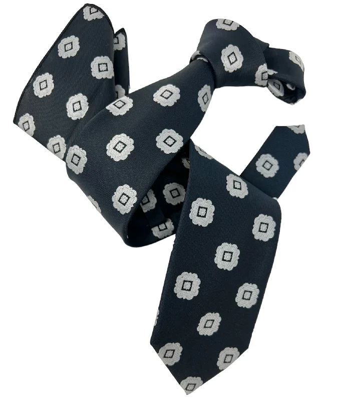 modern silk necktie designs for business-DMITRY Men's Navy Patterned Italian Silk Tie & Pocket Square Set