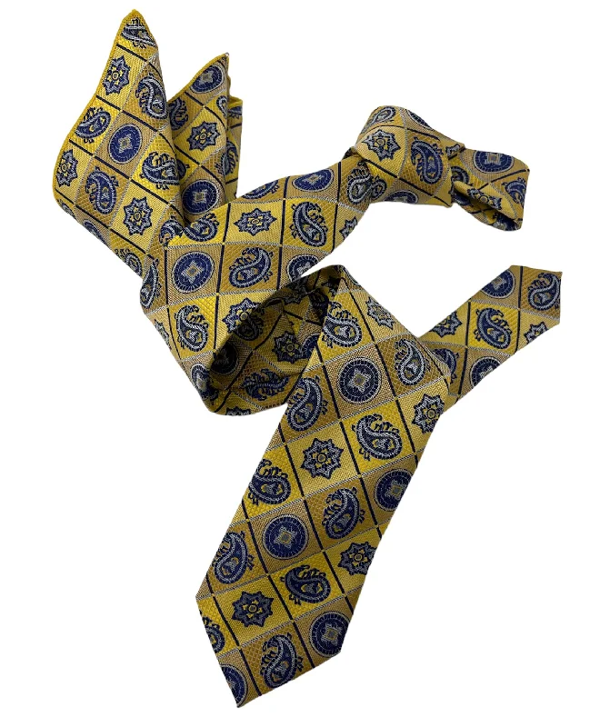 trendy office silk necktie options-Dmitry Men's Yellow Patterned Italian Silk Semi Skinny Tie & Pocket Square Set