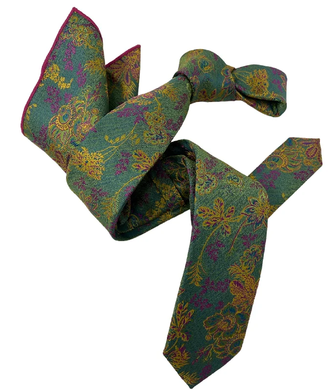 modern silk necktie ideas for weddings-DMITRY Men's Green Patterned Italian Silk Semi Skinny Tie & Pocket Square Set