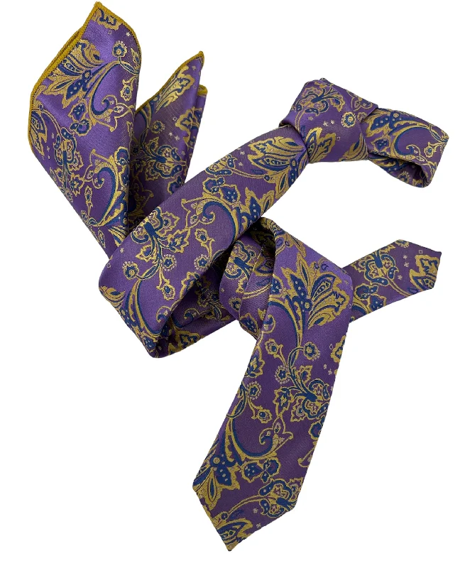 business silk necktie options for men-Dmitry Men's Purple Patterned Italian Silk Skinny Tie & Pocket Square Set