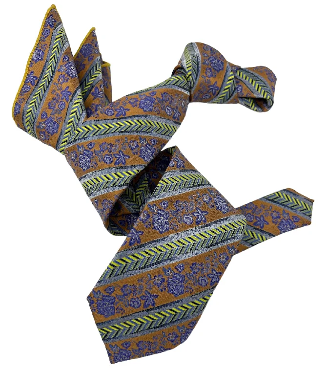 stylish business silk tie designs-DMITRY Men's Caramel Patterned Italian Silk Tie & Pocket Square Set