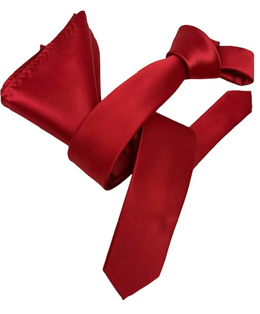 affordable silk necktie combinations for men-Dmitry Men's Solid Red Italian Silk Skinny Tie & Pocket Square Set