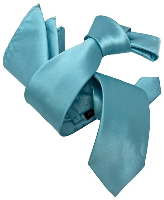 slim-fit wedding silk necktie sets-DMITRY Men's Solid Teal Blue Italian Silk Tie & Pocket Square Set