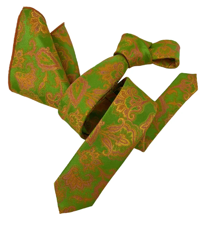 modern silk necktie designs for business wear-Dmitry Men's Neon Green Patterned Italian Silk Skinny Tie & Pocket Square Set