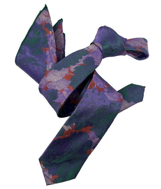 silk wedding bow ties for men-DMITRY Men's Purple Patterned Italian Silk Semi Skinny Tie & Pocket Square Set