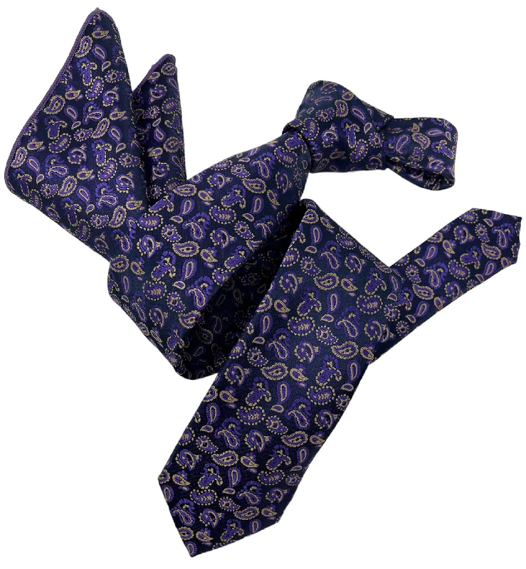 modern wedding silk tie sets-Dmitry Men's Purple Paisley Italian Silk Semi Skinny Tie & Pocket Square Set