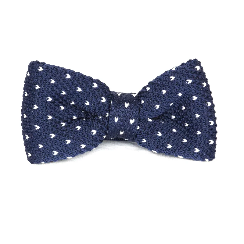 classic wedding necktie colors for men-Adult Knit Bow Tie - Dark Blue/White Dot