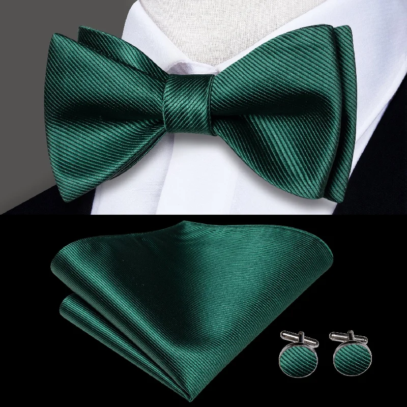 elegant silk necktie combinations for weddings-Dark Green Solid Self-tied Bow Tie Pocket Square Cufflinks Set