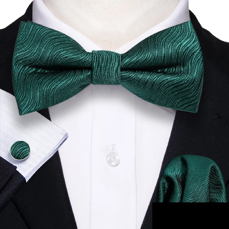 affordable silk bow ties for business events-Dark Green Striped Pre-tied Bow Tie Pocket Square Cufflinks Set