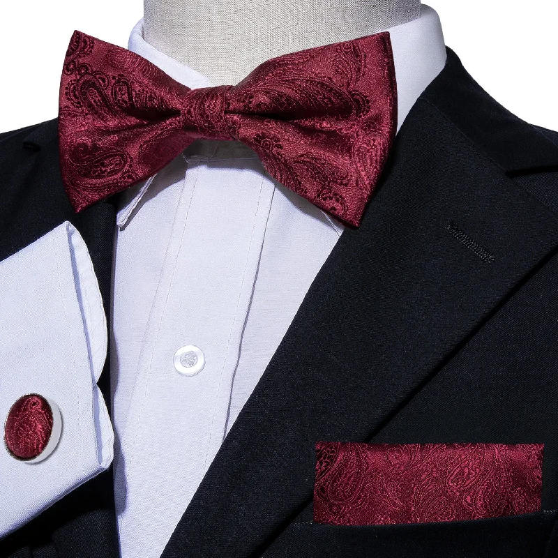 stylish silk necktie sets for office events-Dark Red Paisley Pre-tied Bow Tie Hanky Cufflinks Set