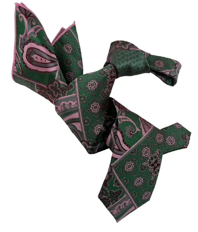 high-end silk wedding tie options-DMITRY 7-Fold Men's Green Patterned Italian Silk Tie & Pocket Square Set