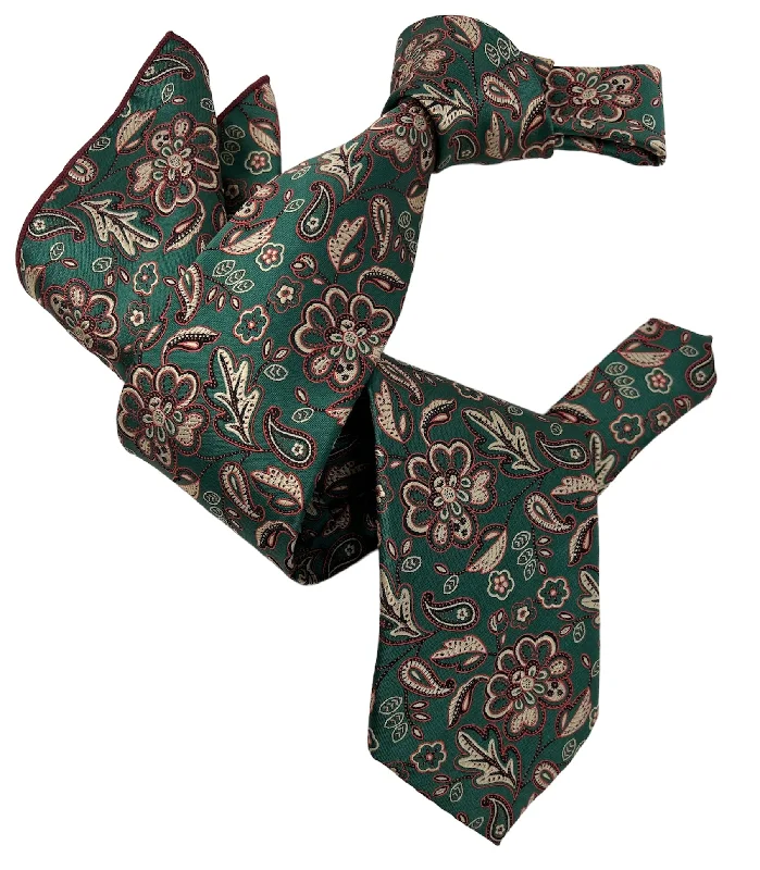 designer necktie ideas for weddings-DMITRY 7-Fold Men's Green Patterned Italian Silk Tie & Pocket Square Set