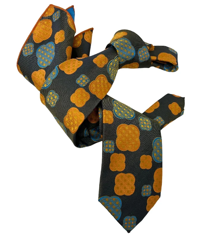 vibrant necktie colors for business events-DMITRY 7-Fold Men's Taupe Patterned Italian Silk Tie & Pocket Square Set