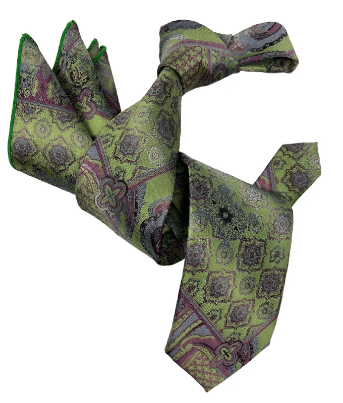 elegant wedding necktie sets for men-DMITRY 7-Fold Men's Green Patterned Italian Silk Tie & Pocket Square Set