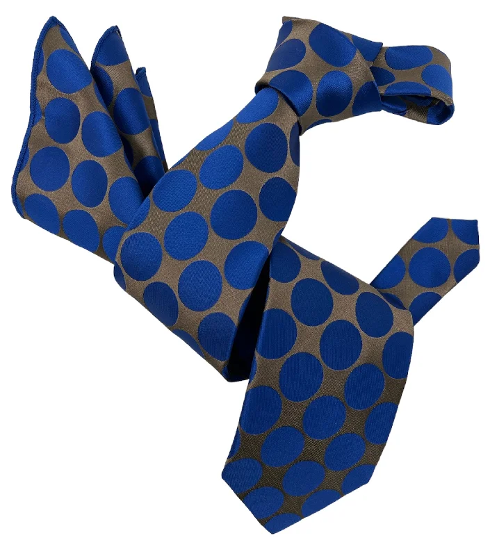 premium silk wedding necktie sets for men-DMITRY 7-Fold Men's Royal Blue Polka Dot Italian Silk Tie & Pocket Square Set