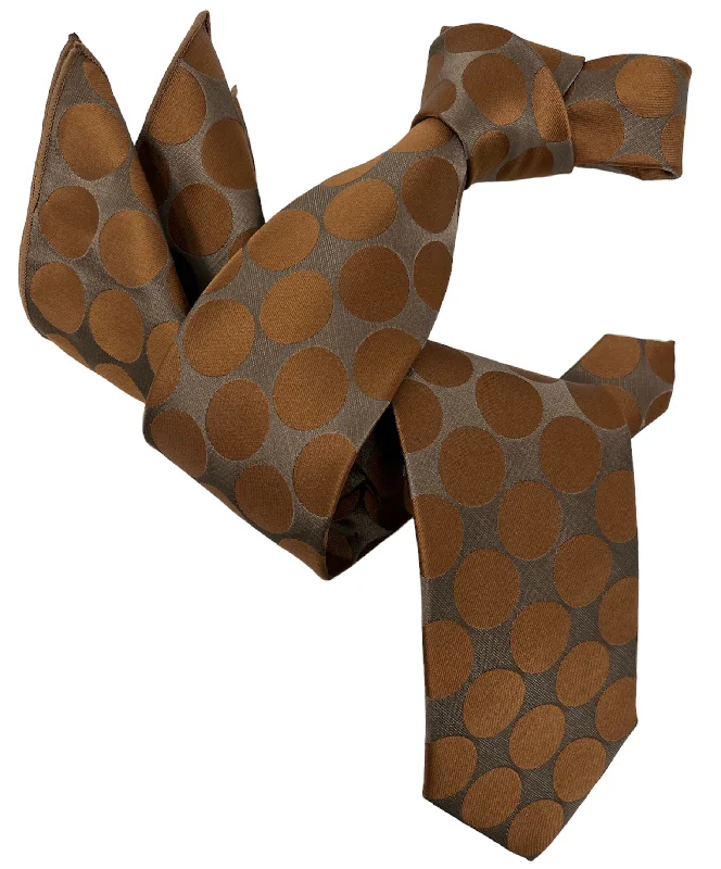 high-quality silk necktie designs for business wear-DMITRY 7-Fold Men's Brown Polka Dot Italian Silk Tie & Pocket Square Set