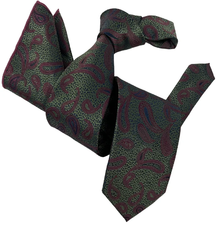 vibrant silk bow ties for office wear-DMITRY Men's Green Patterned Italian Silk Tie & Pocket Square Set