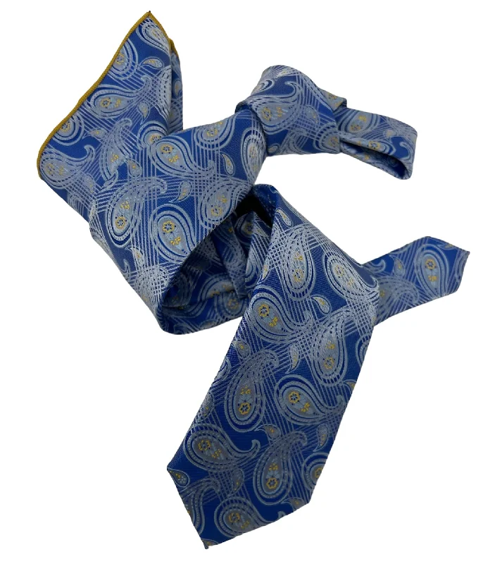 trendy silk necktie ideas for business wear-DMITRY Men's Blue Patterned Italian Silk Tie & Pocket Square Set