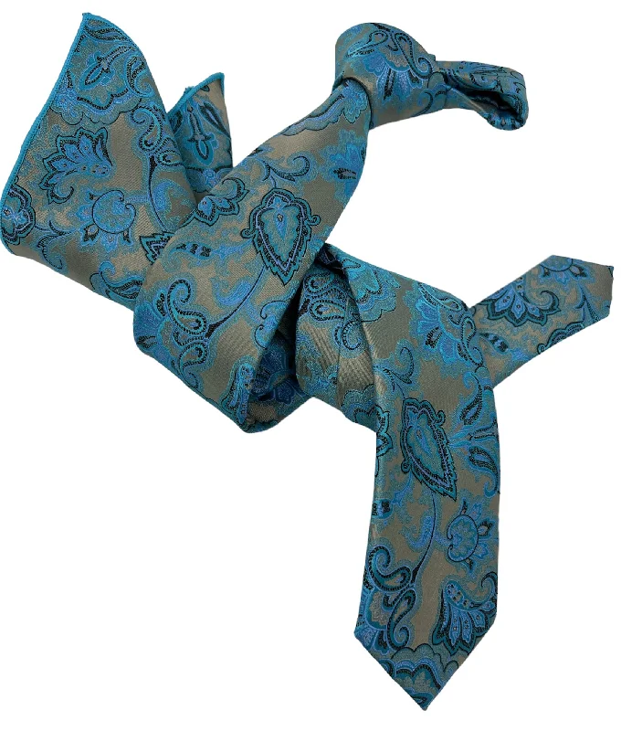 vibrant silk necktie sets for office wear-Dmitry Men's Turquoise Patterned Italian Silk Semi Skinny Tie & Pocket Square Set