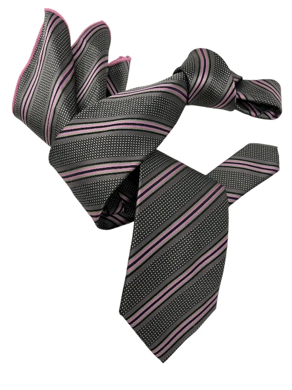 vibrant necktie options for office wear-DMITRY Men's Grey Striped Italian Silk Tie & Pocket Square Set