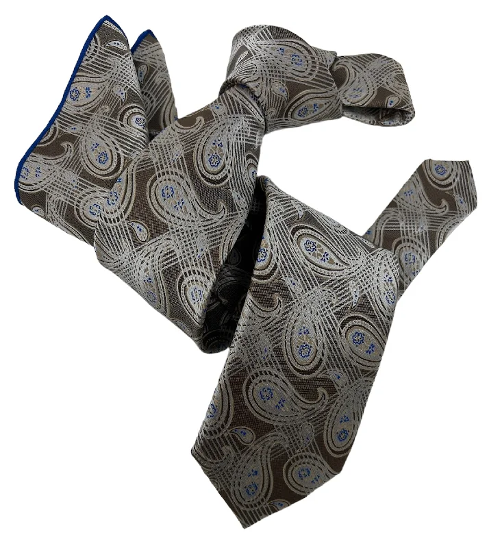 classic silk necktie sets for business wear-DMITRY Men's Taupe Patterned Italian Silk Tie & Pocket Square Set