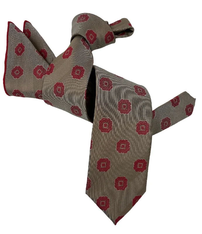 affordable silk wedding tie packs-DMITRY Men's Taupe/Red Patterned Italian Silk Tie & Pocket Square Set