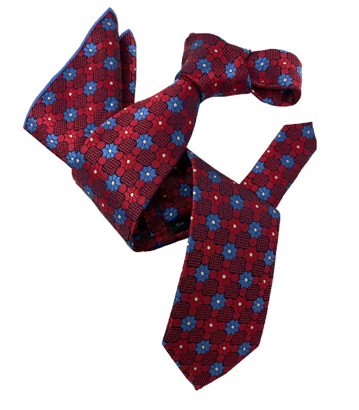 affordable necktie designs for weddings-DMITRY Men's Red Patterned Italian Silk Tie & Pocket Square Set