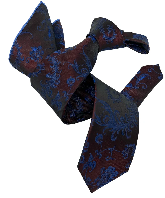 slim silk necktie combinations for office wear-DMITRY Men's Brown/Blue Patterned Italian Silk Tie & Pocket Square Set