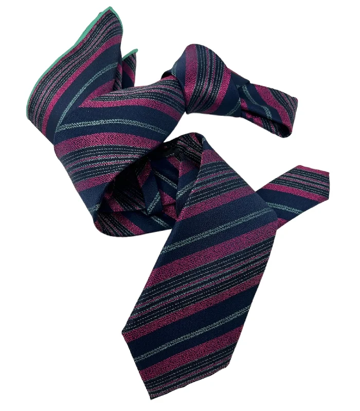 premium business silk tie sets-DMITRY Men's Fuchsia Striped Italian Silk Tie & Pocket Square Set