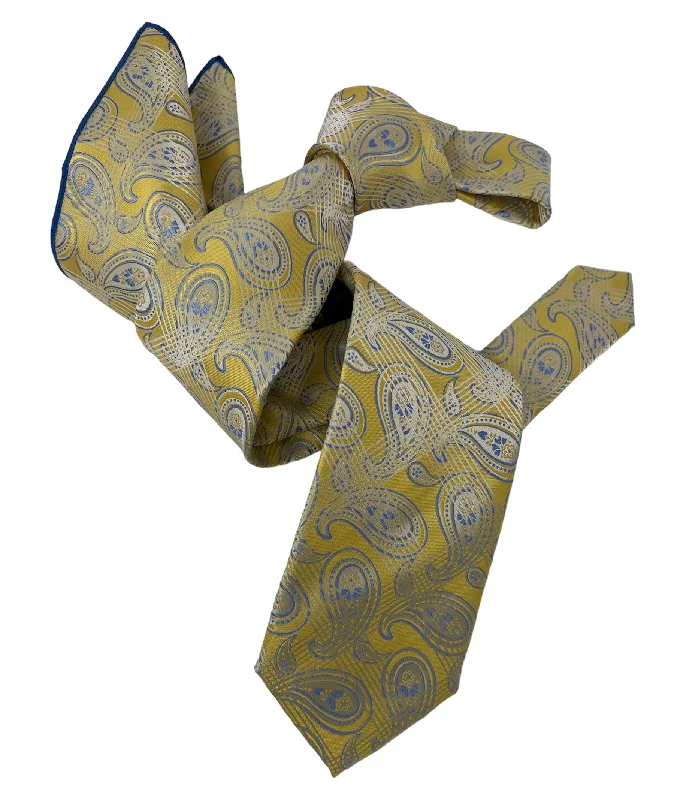 premium silk necktie ideas for business events-DMITRY Men's Yellow Patterned Italian Silk Tie & Pocket Square Set