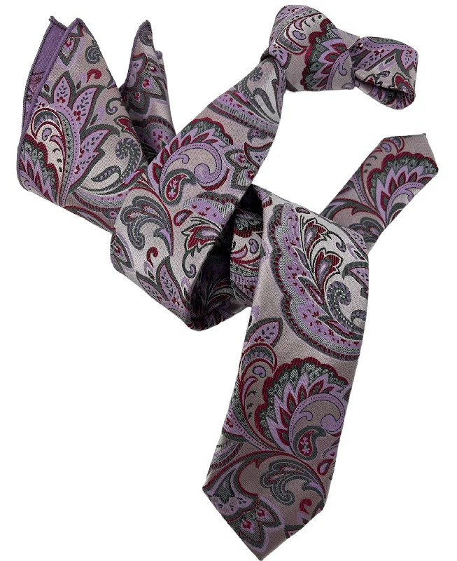 luxurious silk ties for wedding parties-Dmitry Men's Lavender Patterned Italian Silk Semi Skinny Tie & Pocket Square Set