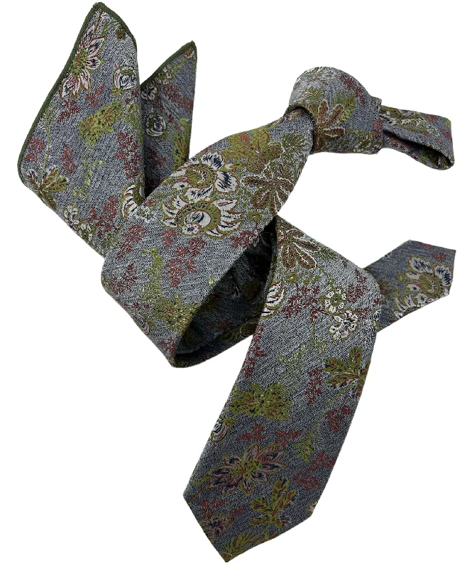 luxury silk neckties for weddings-Dmitry Men's Green Patterned Italian Silk Semi Skinny Tie & Pocket Square Set