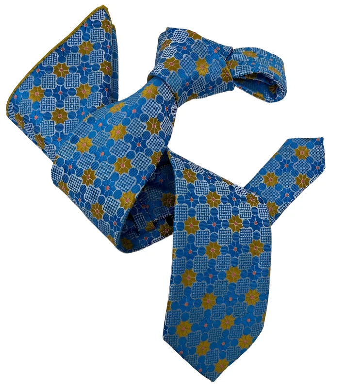 trendy silk bow ties for business events-DMITRY Men's Blue Patterned Italian Silk Tie & Pocket Square Set