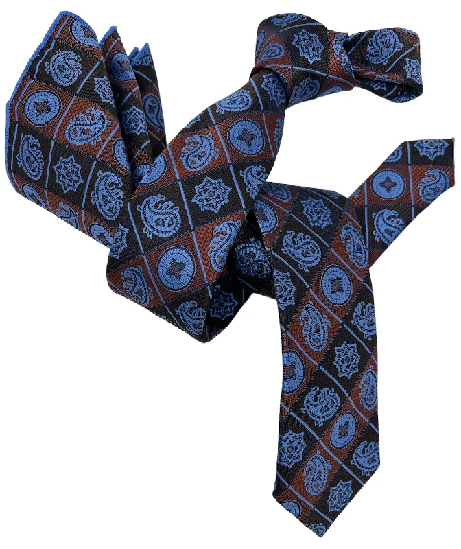 colorful silk necktie ideas for formal events-Dmitry Men's Blue/Brown Patterned Italian Silk Semi Skinny Tie & Pocket Square Set