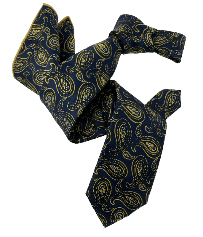 affordable business silk necktie styles-DMITRY Men's Navy/Yellow Patterned Italian Silk Tie & Pocket Square Set