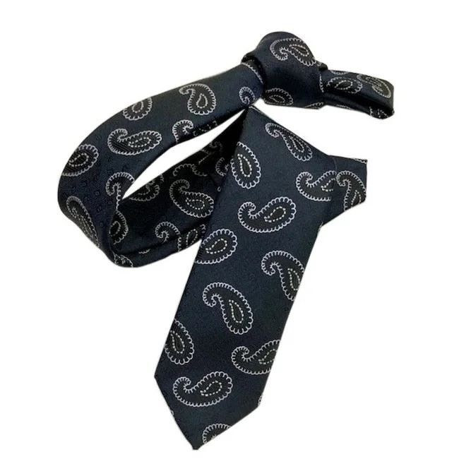 designer silk bow ties for weddings-DMITRY Navy Paisley Italian Silk Skinny Tie