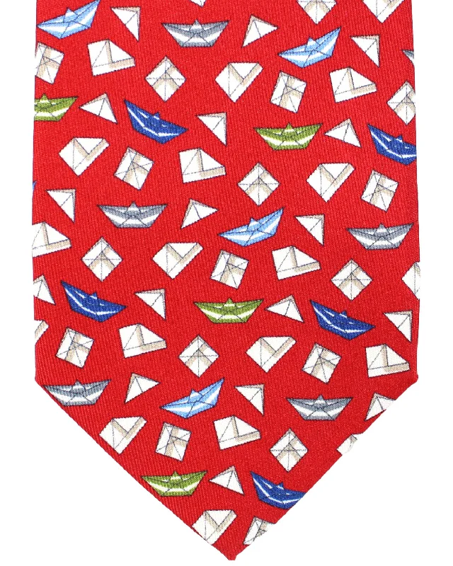 business silk necktie designs for weddings-Ferragamo Silk Tie Red Origami Paper Boat Novelty Design DAILY DEAL FINAL SALE