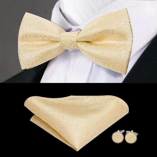 elegant silk necktie options for business wear-Gold Solid Pre-tied Bow Tie Hanky Cufflinks Set