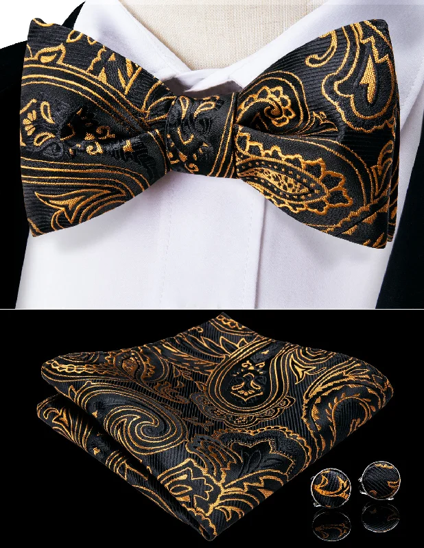 affordable silk necktie designs for formal events-Golden Black Paisley Self-tied Bow Tie Hanky Cufflinks Set