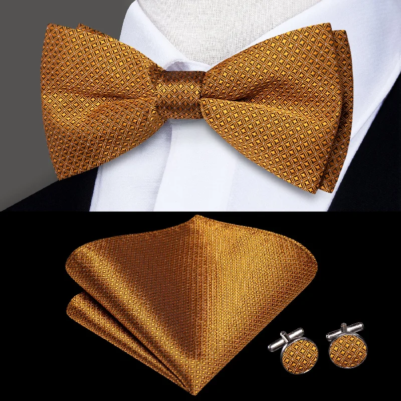 slim silk necktie combinations for weddings-Golden Plaid Men's Pre-tied Bowtie Pocket Square Cufflinks Set