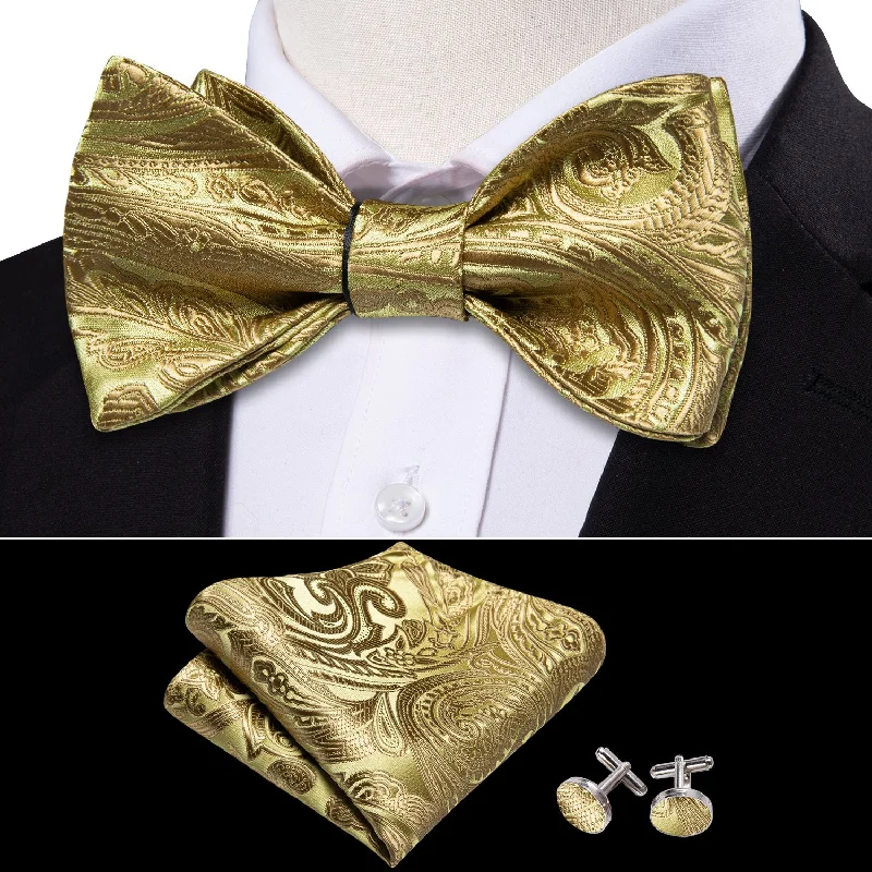 luxury necktie sets for office wear-Golden Yellow Paisley Self-tied Silk Bow Tie Pocket Square Cufflinks Set