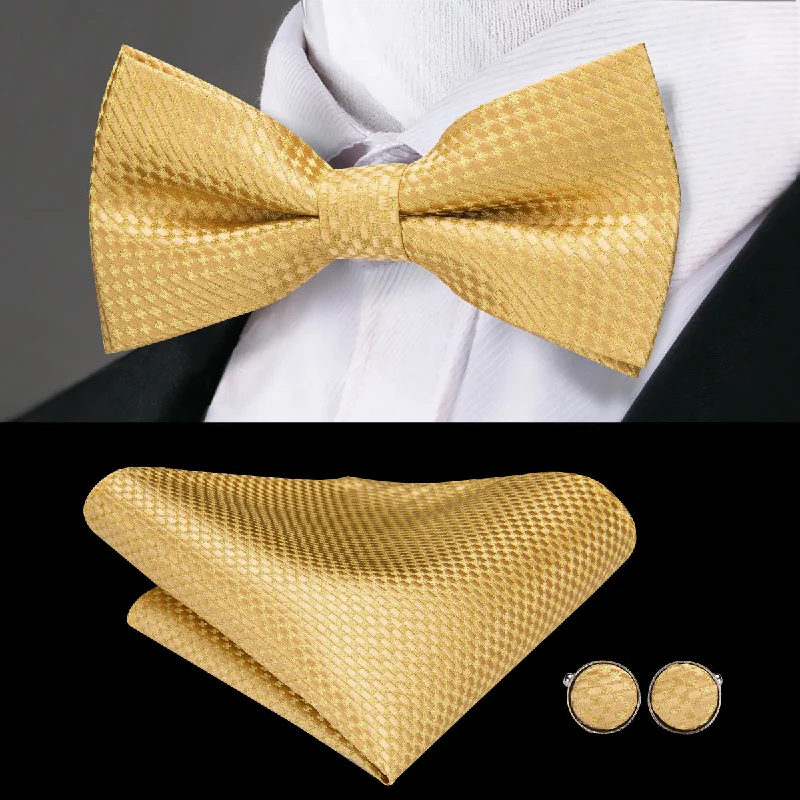 stylish silk necktie sets for office events-Golden Yellow Plaid Pre-tied Bow Tie Hanky Cufflinks Set