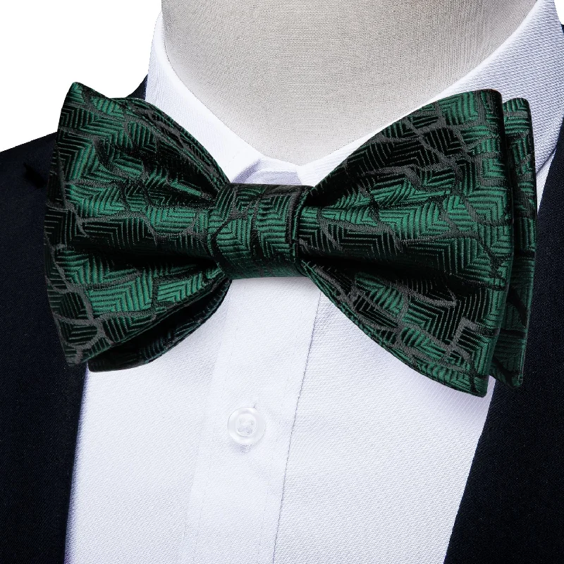 luxury silk necktie packs for weddings-Green Black Striped Self-tied Bow Tie Hanky Cufflinks Set