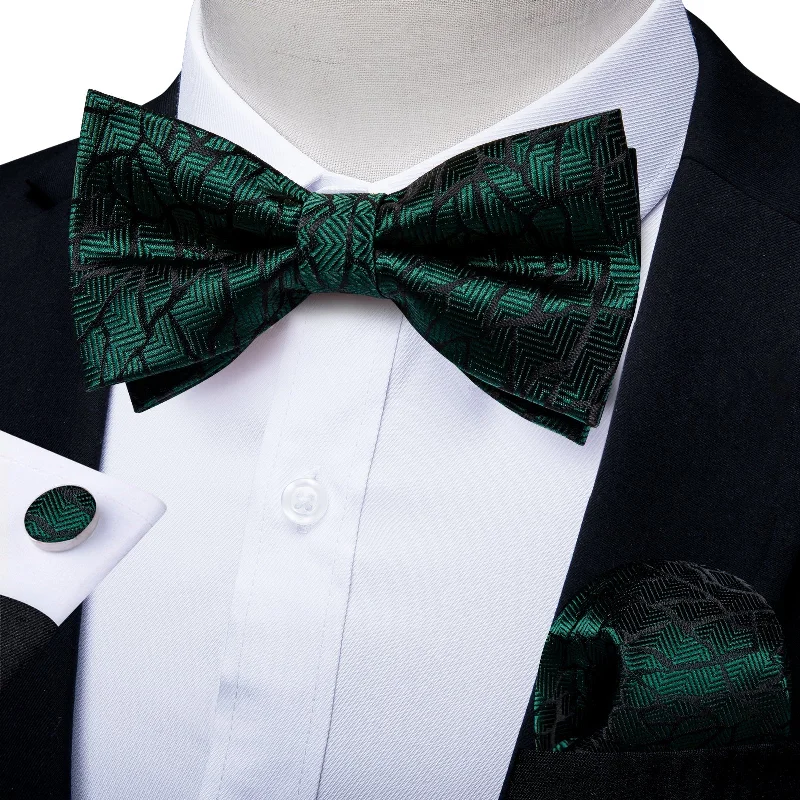 affordable silk necktie ideas for business-Green Black Striped Silk Pre-tied Bow Tie Hanky Cufflinks Set