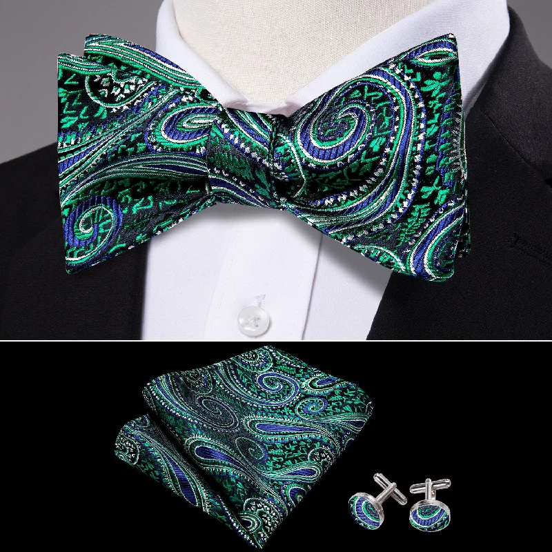 modern silk necktie ideas for weddings-Green Blue Paisley Self-tied Silk Bow Tie Pocket Square Cufflinks Set