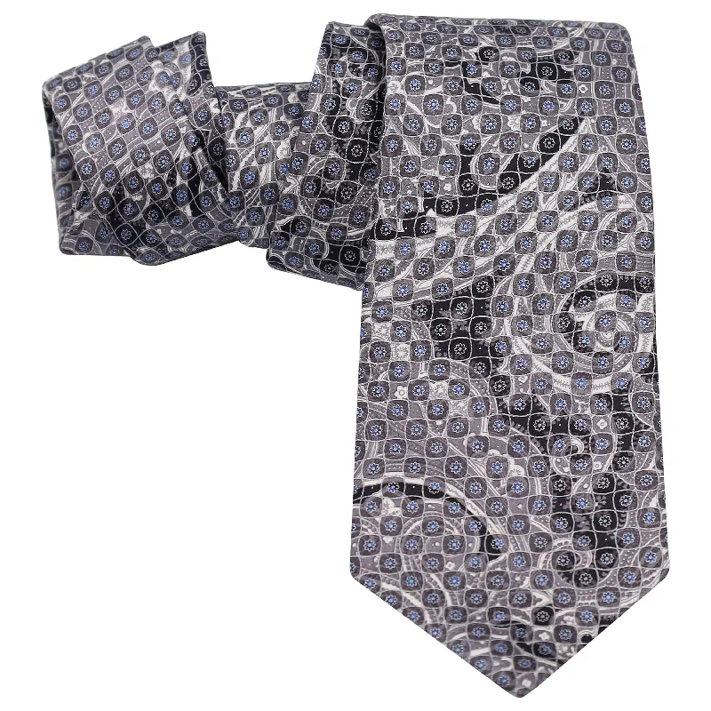 stylish business silk tie designs-GREY FOULARD WITH BIG PAISLEY OVER DEISGN SILK TIE