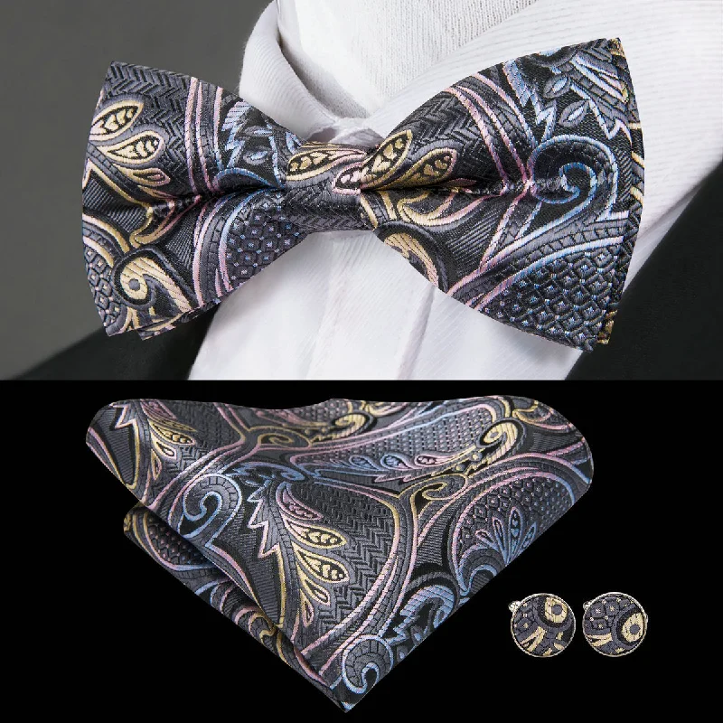 unique silk bow ties for office wear-Grey Multi Floral Pre-tied Bow Tie Hanky Cufflinks Set