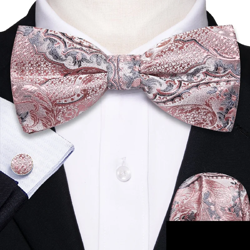 luxury silk necktie designs for office wear-Grey Pink Paisley Pre-tied Bow Tie Hanky Cufflinks Set