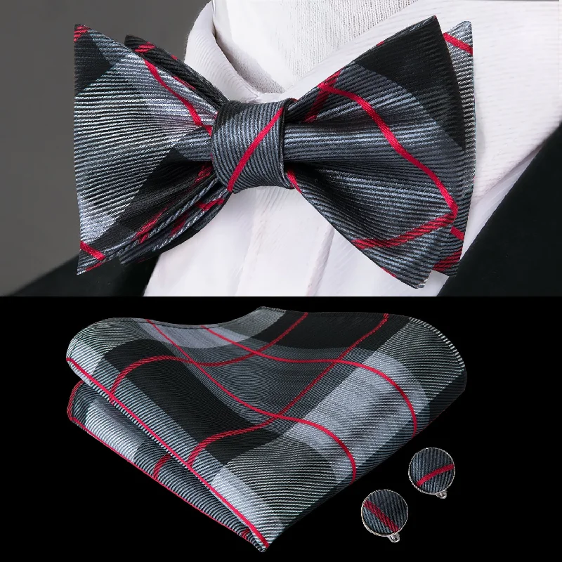 affordable necktie designs for weddings-Grey Red Plaid Self-tied Silk Bow Tie Pocket Square Cufflinks Set