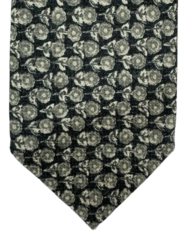 luxury silk necktie options for wedding parties-Isaia Sevenfold Tie Dark Gray Floral Design - Wool Silk Necktie